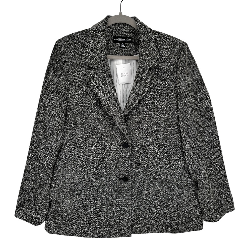 🆕 Monterey Bay Women's 16 Lined Blazer Button Front Gray Black Textured Jacket